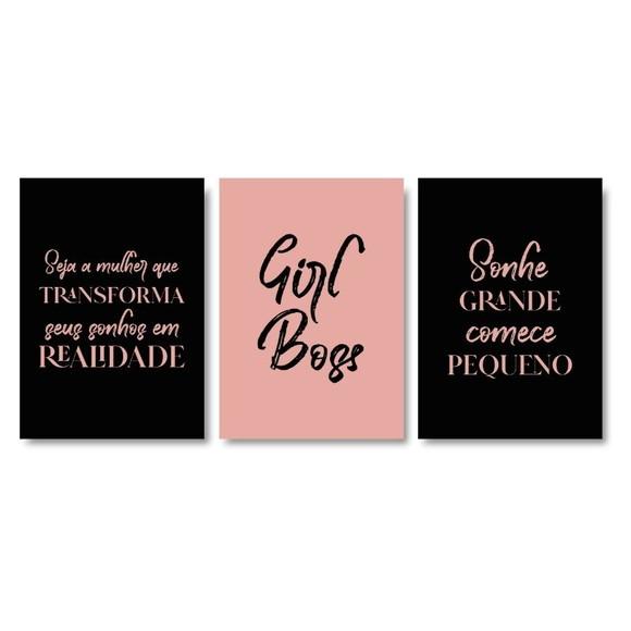 Trio Quadros Digitais - Girl Boss - Sonhe Transforme - Preto