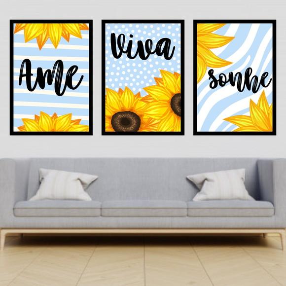Trio Quadros Digitais - Girassol Ame Viva Sonhe Azul