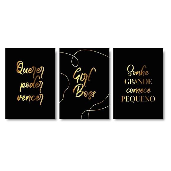 Trio Quadros Digitais - Girl Boss - Preto e Dourado