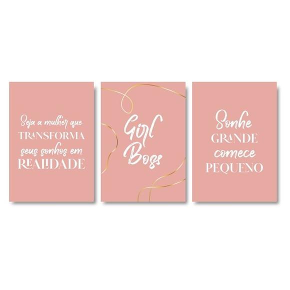 Trio Quadros Digitais - Girl Boss - Sonhe Transforme - Rosa