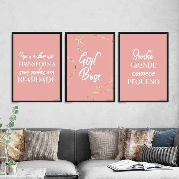 Trio Quadros Digitais - Girl Boss - Sonhe Transforme - Rosa