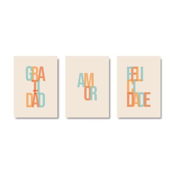 Trio Quadros Digitais - Gratidão Amor Felicidade Letras