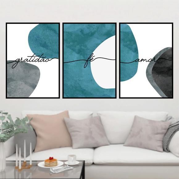 Trio Quadros Digitais - Gratidão Fé Amor Azul Turquesa
