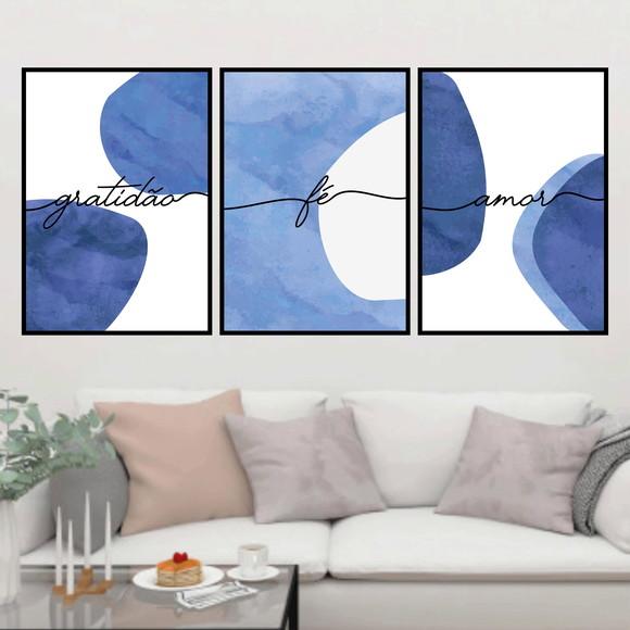 Trio Quadros Digitais - Gratidão Fé Amor Azul