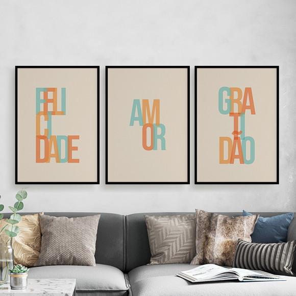 Trio Quadros Digitais - Gratidão Amor Felicidade Letras