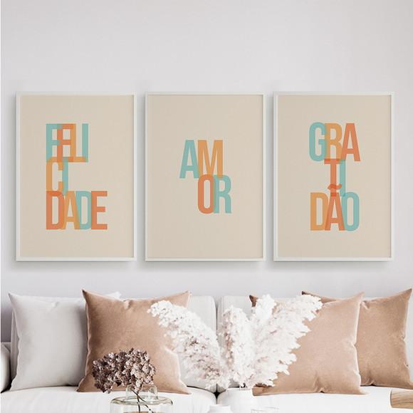 Trio Quadros Digitais - Gratidão Amor Felicidade Letras