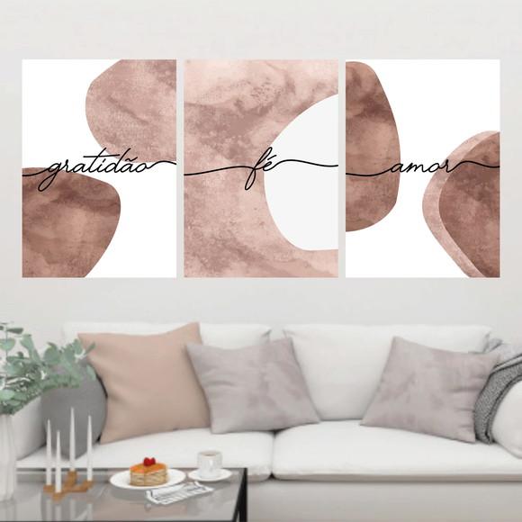 Trio Quadros Digitais - Gratidão Fé Amor Círculos Marrom