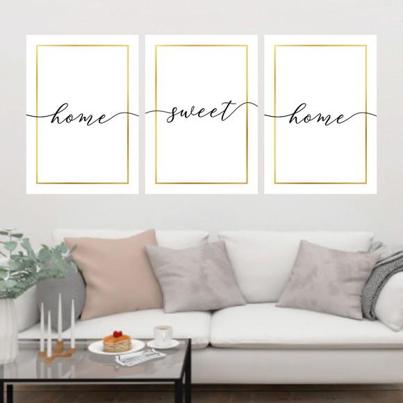 Trio Quadros Digitais - Home Sweet Home Branco Dourado