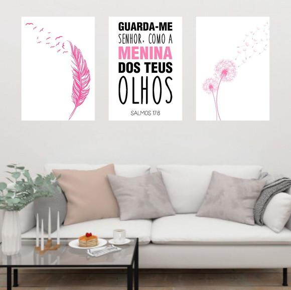 Trio Quadros Digitais - Guarda-me Senhor Dente de Leão Rosa