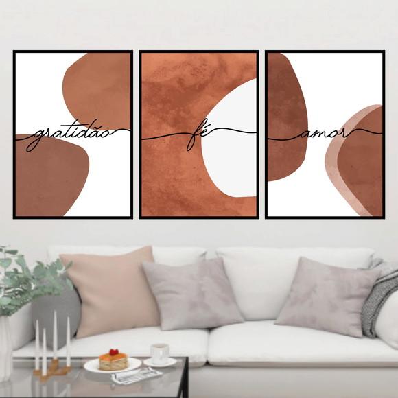 Trio Quadros Digitais - Gratidão Fé Amor Marrom