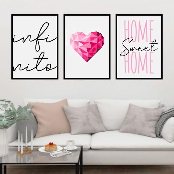Trio Quadros Digitais - Infinito Coração Home Sweet Home