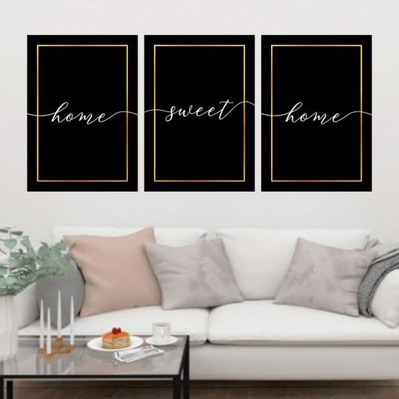 Trio Quadros Digitais - Home Sweet Home Preto Dourado