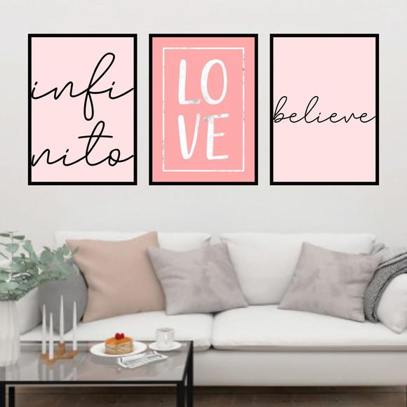 Trio Quadros Digitais - Infinito Love Beliveve Rosa Mármore