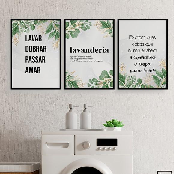 Trio Quadros Digitais - Lavanderia Folhas verde e dourado