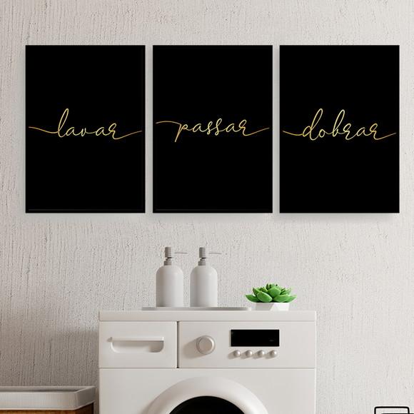 Trio Quadros Digitais - Lavanderia Preto e Dourado
