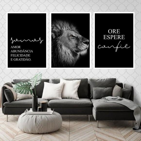 Trio Quadros Digitais - Leão Preto e Branco Somos Amor Ore