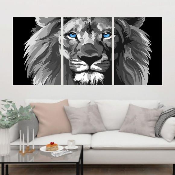 Trio Quadros Digitais - Leão Preto e Branco Olhos Azuis