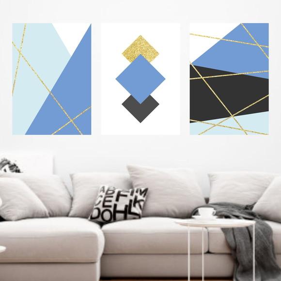 Trio Quadros Digitais - Linhas Douradas Geométrico Azul