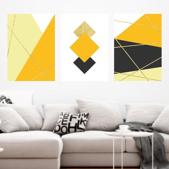Trio Quadros Digitais - Linhas Douradas Geométrico Amarelo
