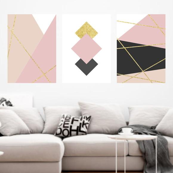 Trio Quadros Digitais - Linhas Douradas Geométrico Rosa