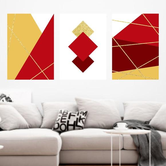 Trio Quadros Digitais - Linhas Douradas Geométrico Vermelho