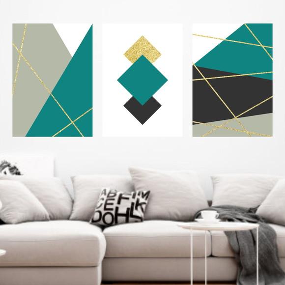 Trio Quadros Digitais - Linhas Douradas Geométrico Turquesa