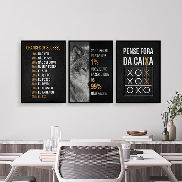 Trio Quadros Digitais - Lobo Emprendedorismo Sucesso Preto