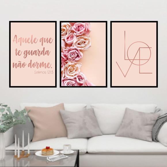 Trio Quadros Digitais - Love Aquele que te ama Flores