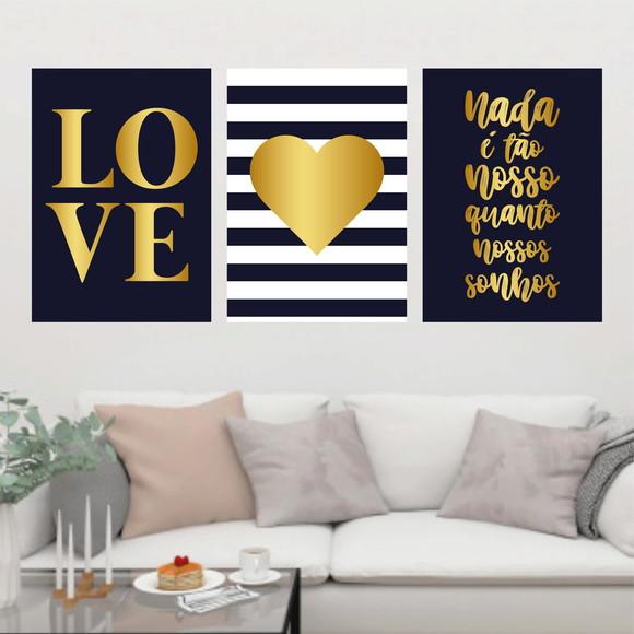 Trio Quadros Digitais - Love Coração Sonhos - Azul e dourado