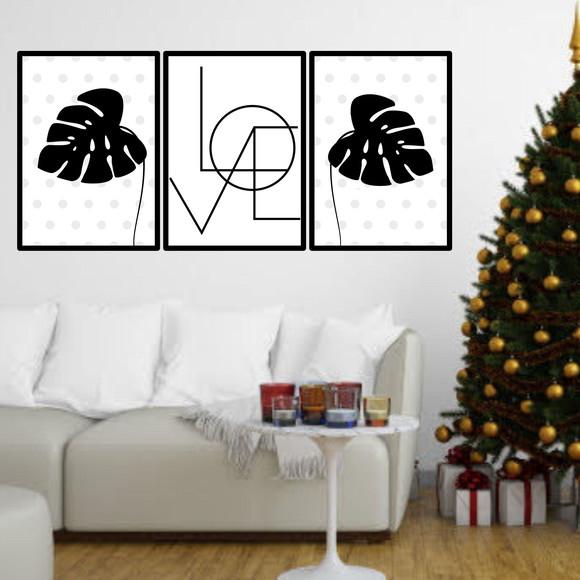 Trio Quadros Digitais - Love Folhas Tropicais Pretas