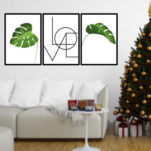 Trio Quadros Digitais - Love Folhas Tropicais Verdes