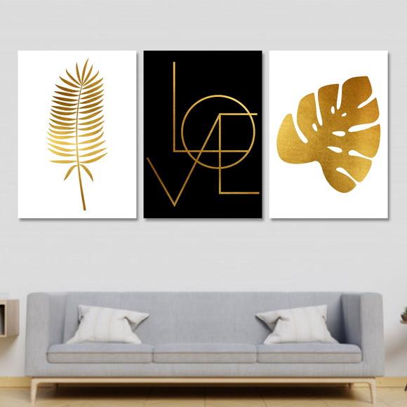 Trio Quadros Digitais - Love Folhas Dourado