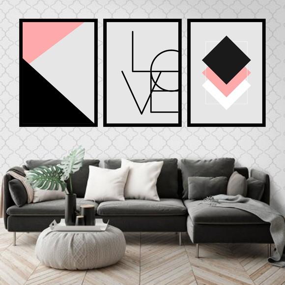 Trio Quadros Digitais - Love Geométrico Rosa