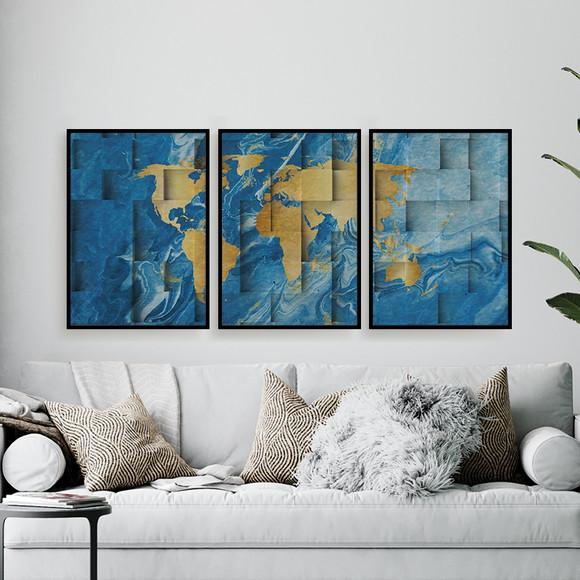 Trio Quadros Digitais - Mapa Mundi Cubos - Dourado E Azul