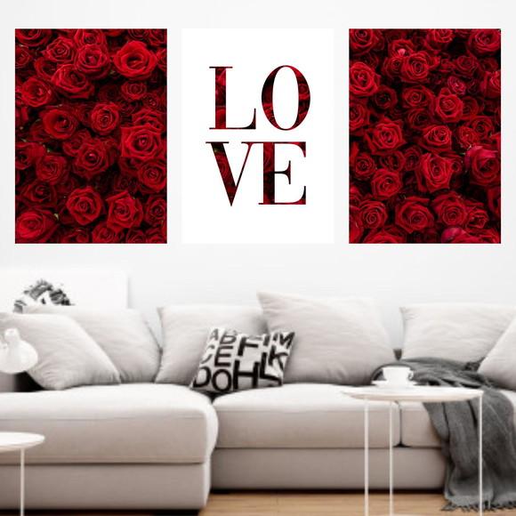 Trio Quadros Digitais - Love Rosas Vermelhas