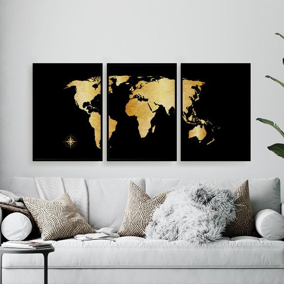 Trio Quadros Digitais - Mapa Mundi Mosaico Dourado E Preto