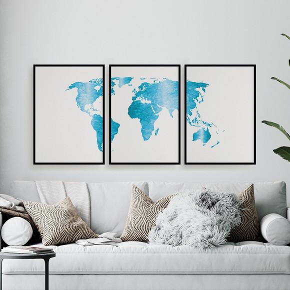 Trio Quadros Digitais - Mapa Mundi Mosaico Azul E Branco