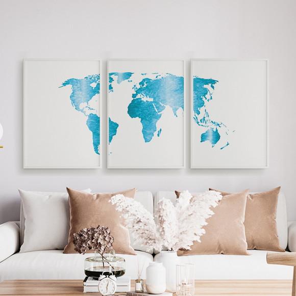Trio Quadros Digitais - Mapa Mundi Mosaico Azul E Branco
