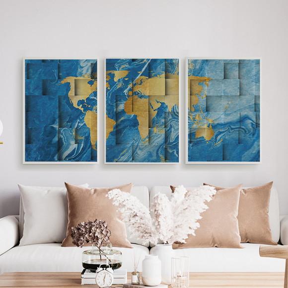 Trio Quadros Digitais - Mapa Mundi Cubos - Dourado E Azul