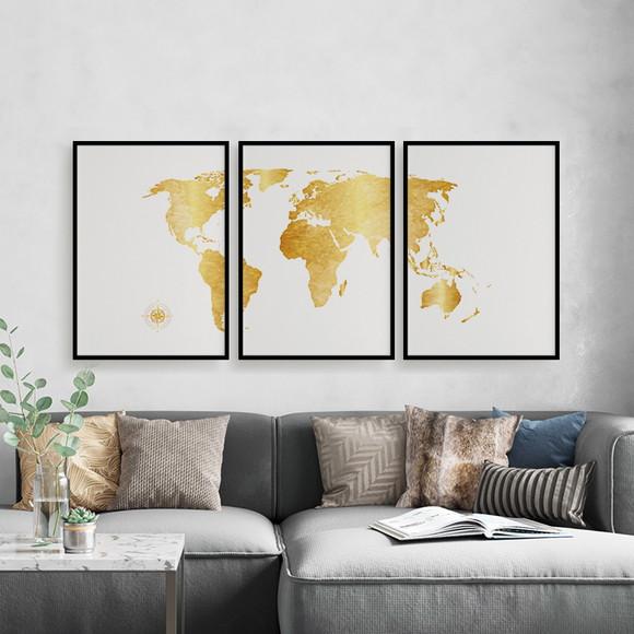Trio Quadros Digitais - Mapa Mundi Mosaico Dourado E Branco