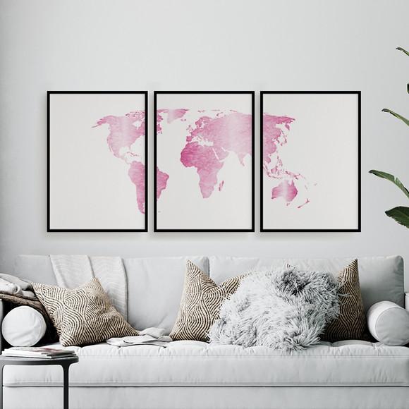 Trio Quadros Digitais - Mapa Mundi Mosaico Rosa E Branco