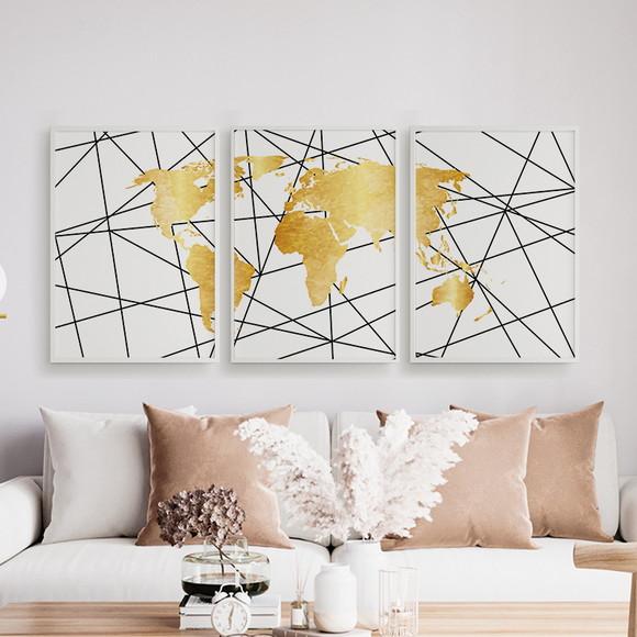 Trio Quadros Digitais - Mapa Mundi Mosaico Riscos Branco