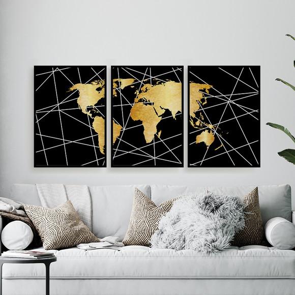 Trio Quadros Digitais - Mapa Mundi Mosaico Riscos Preto