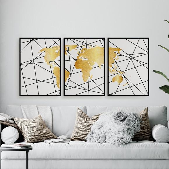 Trio Quadros Digitais - Mapa Mundi Mosaico Riscos Branco