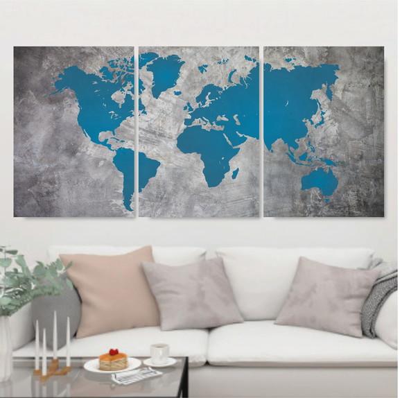 Trio Quadros Digitais - Mapa Turquesa Cinza Textura