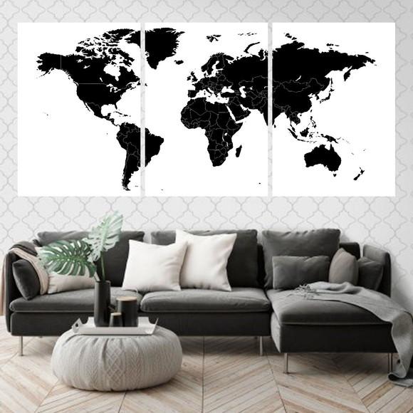 Trio Quadros Digitais - Mapa Mundi Preto