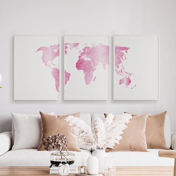 Trio Quadros Digitais - Mapa Mundi Mosaico Rosa E Branco