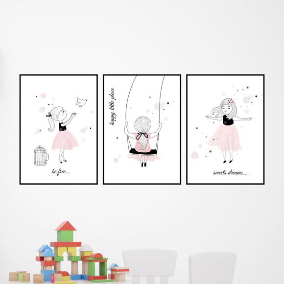Trio Quadros Digitais - Menina Balanço Pássaro Vestido
