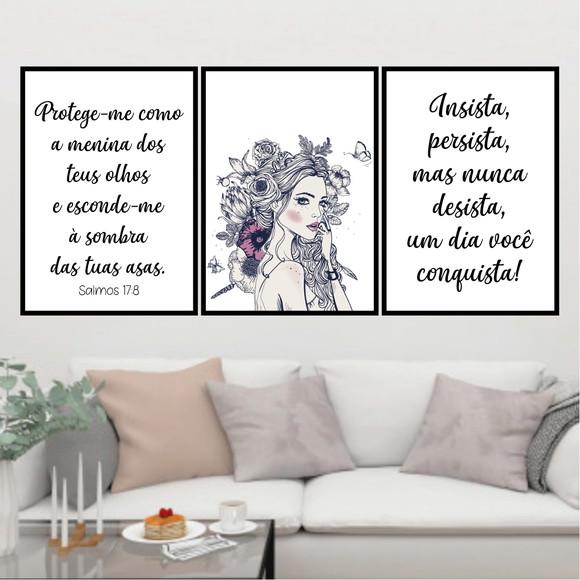 Trio Quadros Digitais - Mulher Borboleta - Protege-me Senhor