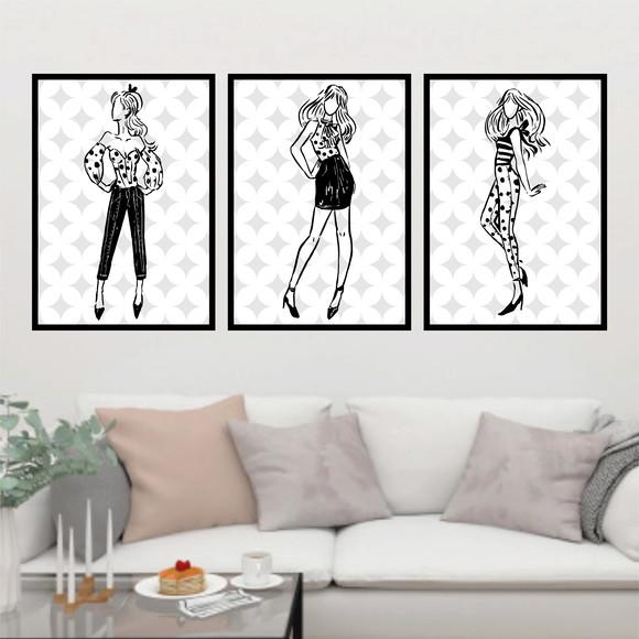 Trio Quadros Digitais - Moda Modelos Looks Preto e Branco